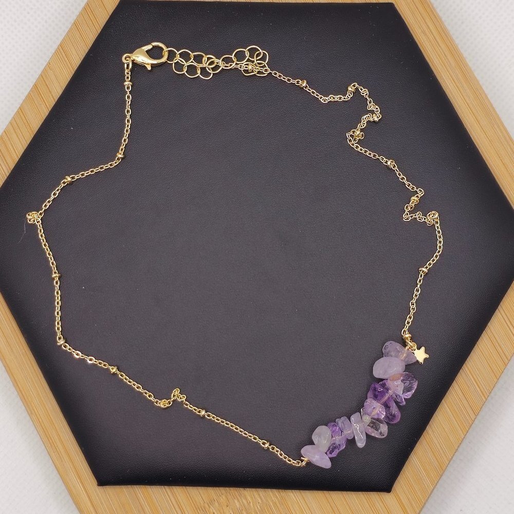 Natural Purple Stone‎ Chips Birthstone Necklace (February, NWOT)